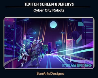 Animated Twitch Overlays Cyber City Robots, Neon Stream Overlays for Streamers, OBS, Vtubers, YouTubers