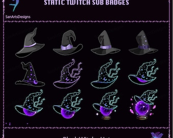 May include: A set of 12 static Twitch sub badges featuring a black witch hat with various design elements, including stars, moons, and a glowing orb. The text "STATIC TWITCH SUB BADGES" and "Black Witchy Hat" are displayed at the top and bottom of the image, respectively.