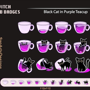 Insignias de sub de Twitch de taza de té de gato negro en púrpura, lindas insignias de sub de Twitch de taza de té de gato negro, insignias de sub bits de Kawaii para Streamer, YouTuber, Discord