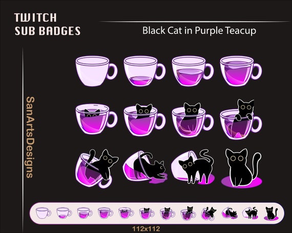 Black Cat in Purple Teacup Twitch Sub Badges, Cute Black Cat Teacup Twitch Sub Badges, Kawaii Sub Bit Badges for Streamer, YouTuber, Discord