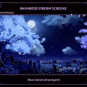 Animated Stream Screen Overlay Blue Sakura Graveyard, Animated Twitch Overlays Blue Sakura Graveyard for Streamer, OBS - No Building