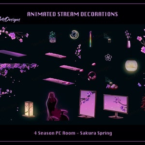 May include: Animated stream decorations for a virtual PC room with a sakura spring theme. The decorations include a pink cherry blossom tree, a pink gaming chair, a pink keyboard, a pink mousepad, a pink headset, a pink lamp, a pink vase with pink cherry blossoms, a pink monitor with a pink cherry blossom background, and a pink plant.