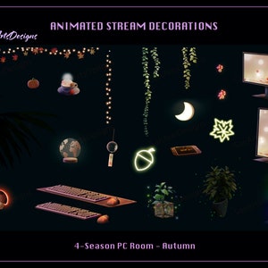 May include: Animated stream decorations for a 4-Season PC Room, featuring autumn-themed elements like a glowing maple leaf, a crescent moon, a cup of steaming coffee, and a string of lights with falling leaves.