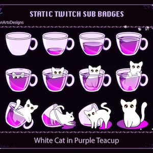 Insignias de sub de Twitch de taza de té de gato blanco en púrpura, lindas insignias de sub de Twitch de taza de té de gato blanco, insignias de sub bits de Kawaii para Streamer, YouTuber, Discord