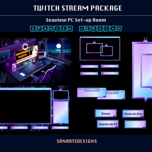Animated Stream Package Seaview PC Set-up Room, Animated Twitch Overlay Package Dark PC Room by the Sea for Streamers - Spanish Version