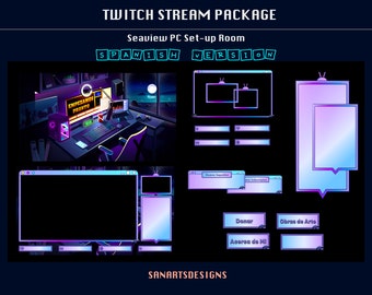 Pack d'animation pour PC avec vue sur la mer, superposition Twitch animée Room by the Sea by the Sea pour streamers - Version espagnole