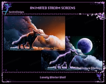 Geanimeerde scènes Lonely Winter Wolf, geanimeerde Twitch-overlays Lonely Wolf voor streamers, OBS, Vtubers, YouTubers, Streamlabs, StreamElements