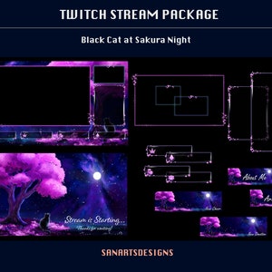 Animated Stream Package Black Cat at Sakura Night, Animated Twitch Overlays Package Magic Sakura Night for Streamer, OBS, Vtubers, YouTubers