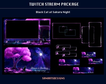Animated Stream Package Black Cat at Sakura Night, Animated Twitch Overlays Package Magic Sakura Night for Streamer, OBS, Vtubers, YouTubers