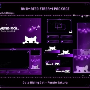 Paquete de transmisión animada Púrpura lindo gato escondido, superposiciones animadas de Twitch lindo gato blanco para streamers, OBS, Vtubers, YouTubers