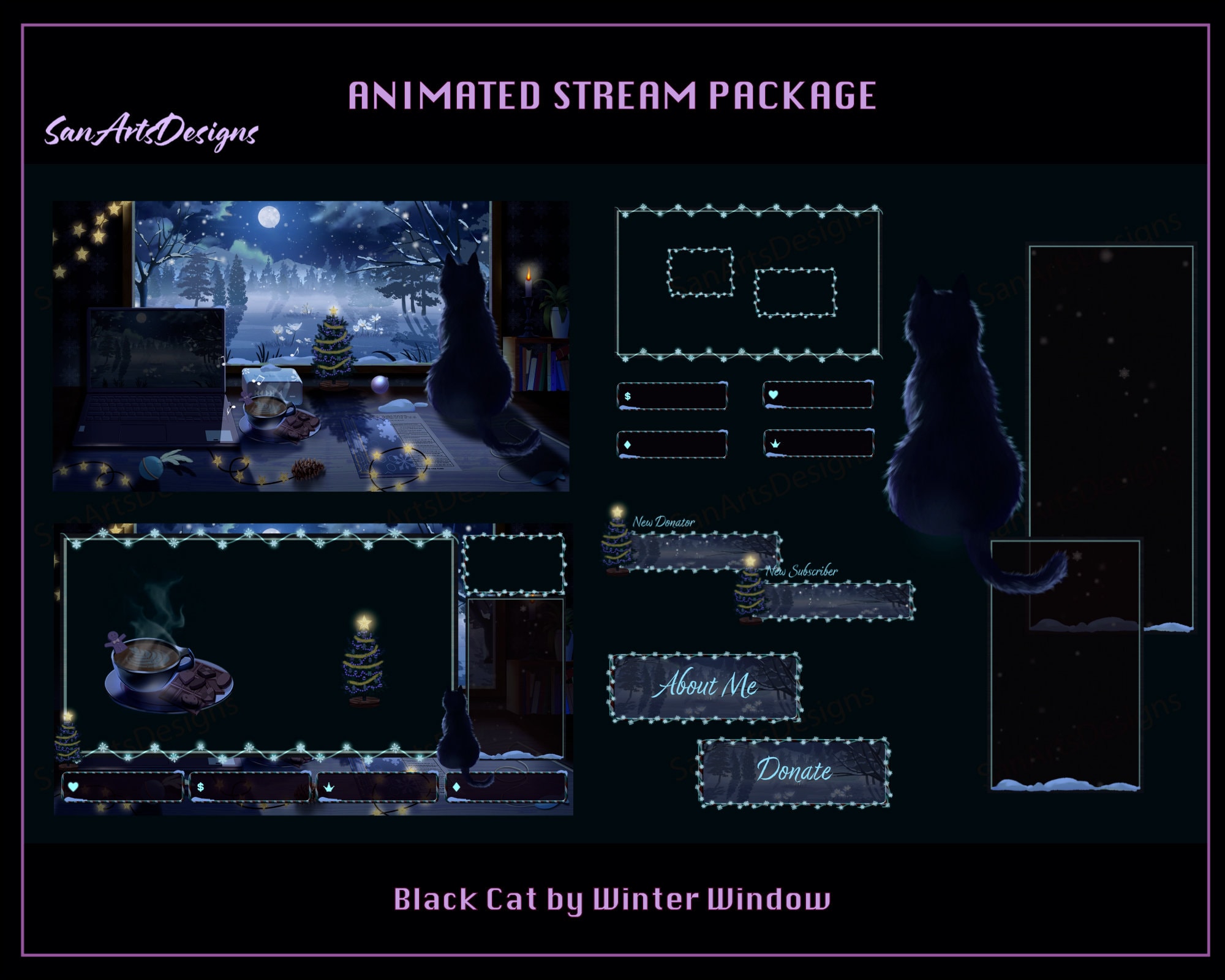 Animated Stream Overlay Package Black Cat by the WINTER Window, Animated Twitch Overlay Package Winter Cat for Streamers, OBS, StreamLabs
