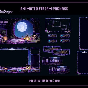 Mystical Witchy Cave Animated Stream Bundle, Witchy Desk in Magic Cave Animated Twitch Overlays Package for Streamers, OBS, Streamlabs