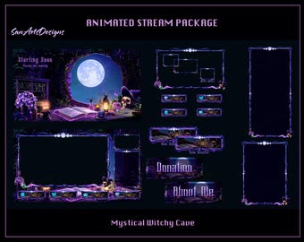 Mystische Hexenhöhle Animiertes Stream Bundle, Witchy Schreibtisch in Zauberhöhle Animiertes Twitch Overlays Paket für Streamer, OBS, Streamlabs