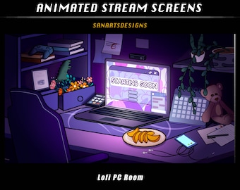 Animated Scenes Lofi PC Desk, Animated Twitch Overlays Lofi PC Set-up Room for Streamer, OBS, Vtubers, YouTubers
