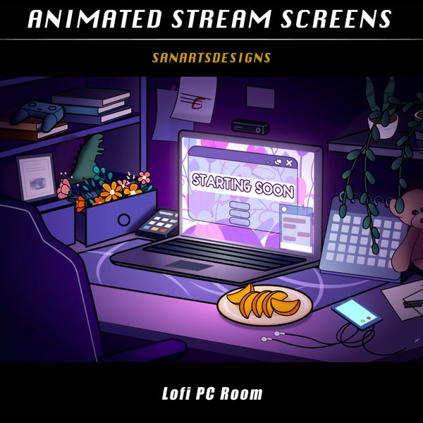 Animated Scenes Lofi PC Desk, Animated Twitch Overlays Lofi PC Set-up Room for Streamer, OBS, Vtubers, YouTubers