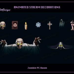 Könnte beinhalten: Animierte Stream-Dekorationen für einen Zombie-PC-Raum. Die Dekorationen umfassen einen Zombiekopf, ein Buch, eine Kerze, eine Schneeflocke, ein Kreuz, ein Gespenst und eine Zombiehand. Der Text "Zombie PC Room" befindet sich am unteren Rand des Bildes.