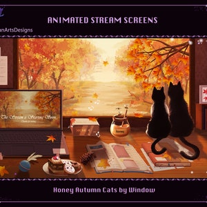 Animated Stream Overlays Black Cat by the Autumn Window, Animated Twitch Overlays Fall Honey Bee for Streamers, OBS, StreamLabs