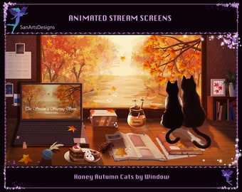 Animated Stream Overlays Black Cat by the Autumn Window, Animated Twitch Overlays Fall Honey Bee for Streamers, OBS, StreamLabs