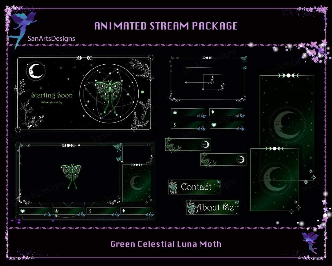 Animated Stream Package GREEN Celestial Luna Moth, Animated Twitch ...