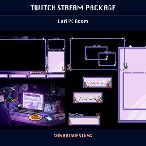 May include: Purple and white Twitch stream package with a lofi PC room theme. The package includes a large screen for gameplay, a smaller screen for chat, and several panels for information, such as "About Me", "Artworks", and "New Cheer".