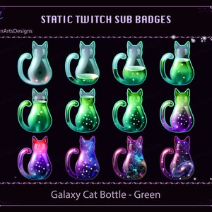 Green Galaxy Magic Cat Bottle Twitch Sub Badge, Neon Cat Bottle Twitch Sub Badge, Kawaii Sub Badge per streamer, YouTuber, Discord