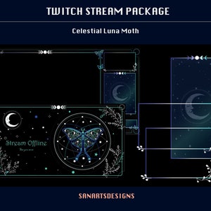 Może przedstawiać: Pakiet transmisji Twitch z motywem niebieskiego motyla księżycowego. Pakiet zawiera ekran transmisji offline, panel i baner profilowy. Projekt przedstawia niebieskiego i zielonego motyla księżycowego z rogalem księżyca i gwiazdami na czarnym tle.