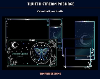 Animated Stream Package Celestial Luna Moth, Animated Twitch Overlay Celestial Tarot Luna Moth for Streamer, OBS, Streamlabs, Streamelements
