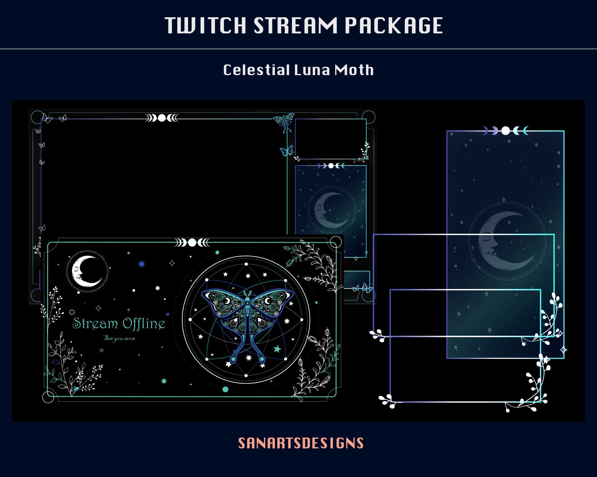 Animiertes Stream Paket Celestial Luna Moth, Animiertes Twitch Overlay Celestial Tarot Luna Moth für Streamer, OBS, Streamlabs, Streamelements
