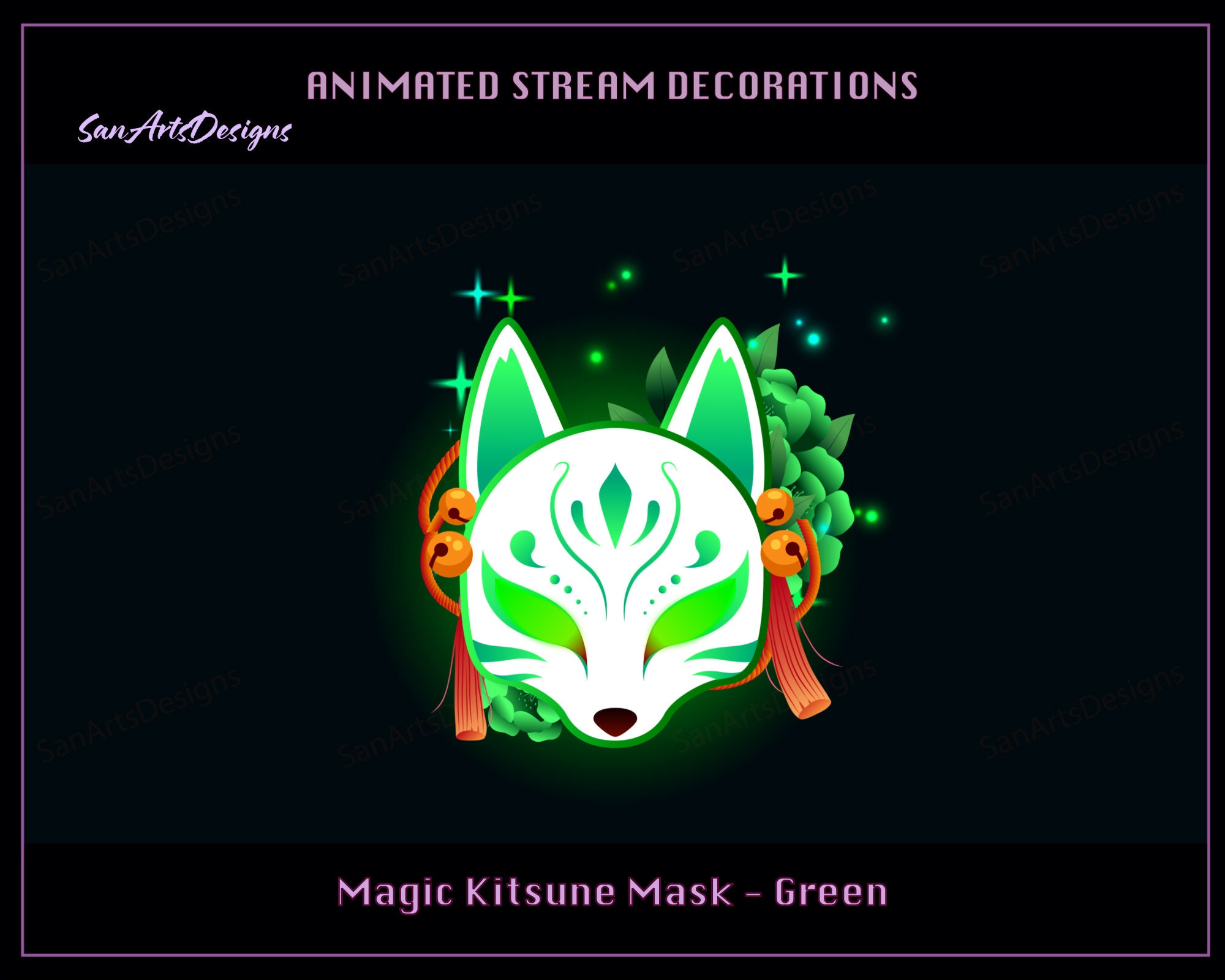 Neon Green Kitsune Mask Animated Stream Decorations, Neon Green Kitsune ...
