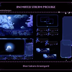 Animated Stream Package Blue Sakura Graveyard, Animated Twitch Overlays Package Blue Sakura Night for Streamer, OBS - No Building