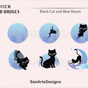 Cute Black Cat Twitch Sub Badges | Blue Moon Twitch Sub Badges | Streamers, Vtubers, OBS | Kawaii Sub Bit Badges