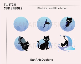 Cute Black Cat Twitch Sub Badges | Blue Moon Twitch Sub Badges | Streamers, Vtubers, OBS | Kawaii Sub Bit Badges