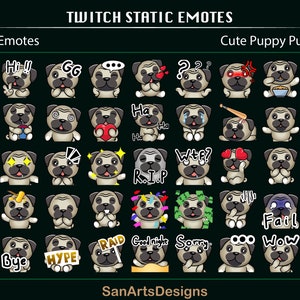 Cute Puppy Pug Twitch Emotes, Static Cute Pug Twitch Emotes for Streaming, OBS, Discord, YouTube, Chatting
