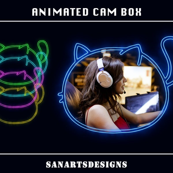 Animated Twitch Camera Frames Neon Cat, Neon Cat Shape Animated Twitch Webcam Overlays for Streamers, OBS, Streamlabs, Vtubers, YouTubers