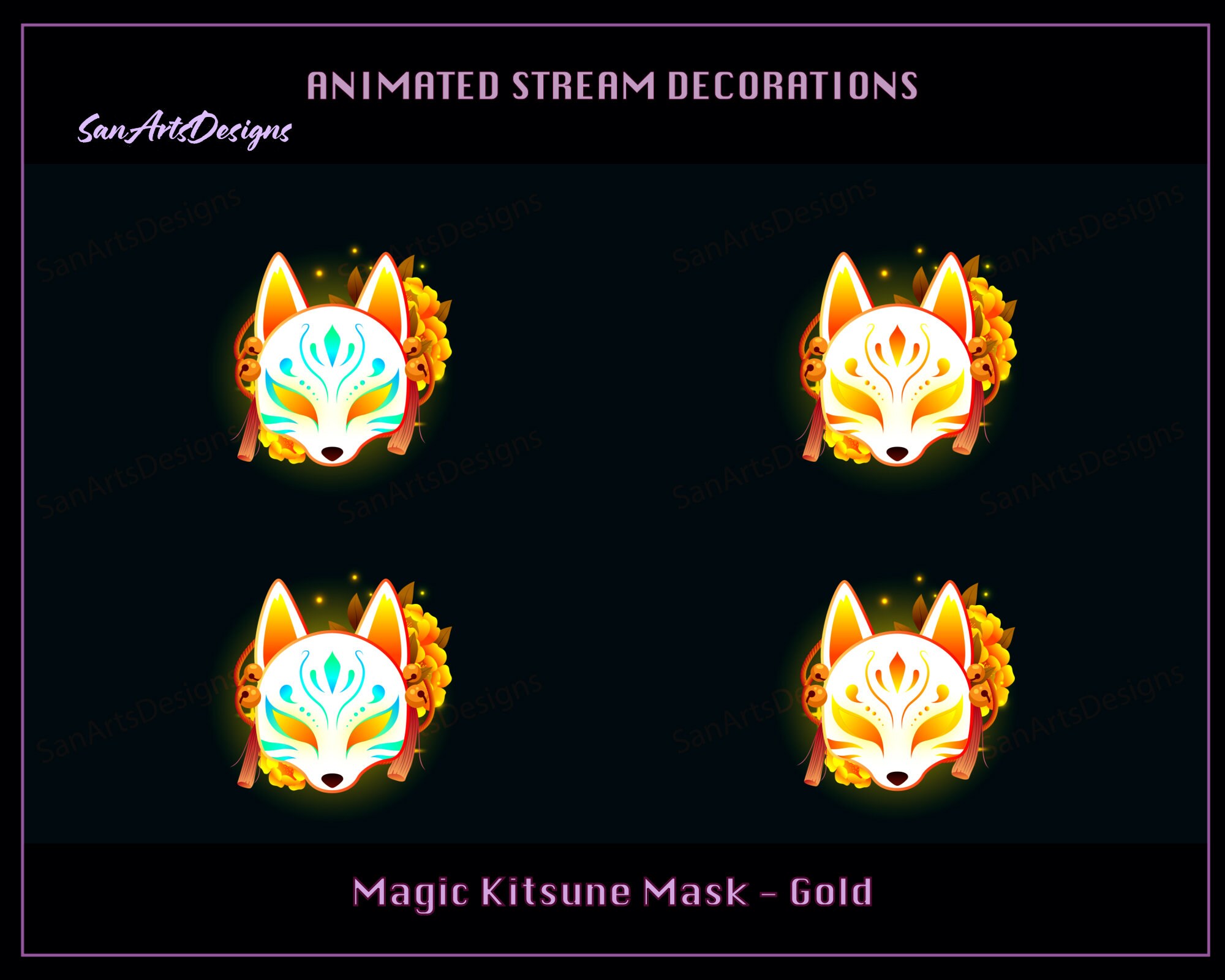 Kitsune Mask Animated Stream Decorations, Gold Kitsune Mask Animated Stream Decorations for Streamers, OBS, StreamLabs