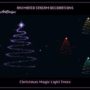 Könnte beinhalten: Animierte Weihnachts-Magie-Lichtbäume in Lila, Rot, Gelb und Blau. Die Bäume bestehen aus funkelnden Lichtern und sind vor einem schwarzen Hintergrund angeordnet. Der Text "Animated Stream Decorations" und "Christmas Magic Light Trees" wird oben und unten im Bild angezeigt.
