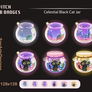 Hemelse zwarte kat Jar Twitch Sub Badges, schattige zwarte kat Jar Twitch Sub Badges, Kawaii Sub Bit Badges voor Streamer, YouTuber, Discord, OBS