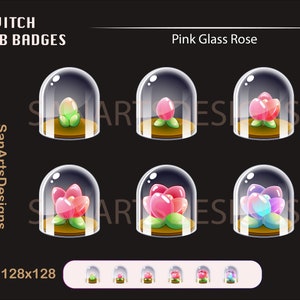 Glass Blooming Rose Twitch Sub Badges | Pink Rose Twitch Sub Badges | Kawaii Twitch Sub Bit Badges | Streamer, Vtuber, OBS, TikTok, Discord