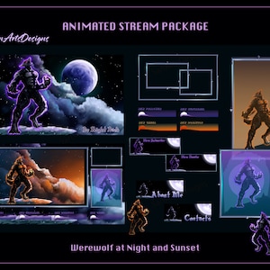 Lonely Werewolf Animated Stream Overlay Bundle, Animated Twitch Overlay Package Lonely Werewolf for Streamers, OBS, Vtubers, Streamlabs