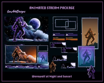 Bundel met geanimeerde stream overlay Lonely Werewolf, pakket geanimeerde Twitch-overlay Lonely Werewolf voor streamers, OBS, Vtubers, Streamlabs
