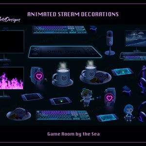 May include: Animated stream decorations for a game room by the sea. The decorations include a purple fire animation, a keyboard, a microphone, a headset, a mug with a cat on it, a tablet, and a character from a video game.