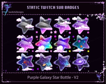 ストリーマー、Vtuber、YouTuber、チャット用の紫色のギャラクシースターボトルTwitchサブバッジ - バージョン2