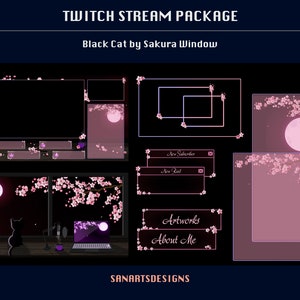 Pacchetto streaming animato Black Cat di Sakura Window, sovrapposizioni animate di Twitch Falling Cherry Blossom per streamer, OBS, Streamlabs, Trovo