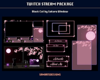 Animated Stream Package Black Cat by Sakura Window, Animated Twitch Overlays Falling Cherry Blossom for Streamers, OBS, Streamlabs, Trovo