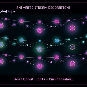 May include: Animated neon donut lights in pink and rainbow colors strung on a wire with white lights. The text "Neon Donut Lights - Pink/Rainbow" is at the bottom of the image.