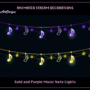 May include: Animated purple and gold music note lights strung on a string. The text "Animated Stream Decorations" and "Gold and Purple Music Note Lights" are visible.