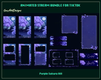 Pacote de sobreposição de transmissão animada do TIKTOK Lavender Sakura Hill, sobreposições animadas do TIKTOK Purple Sakura Night, tela Sakura Tiktok para streamers