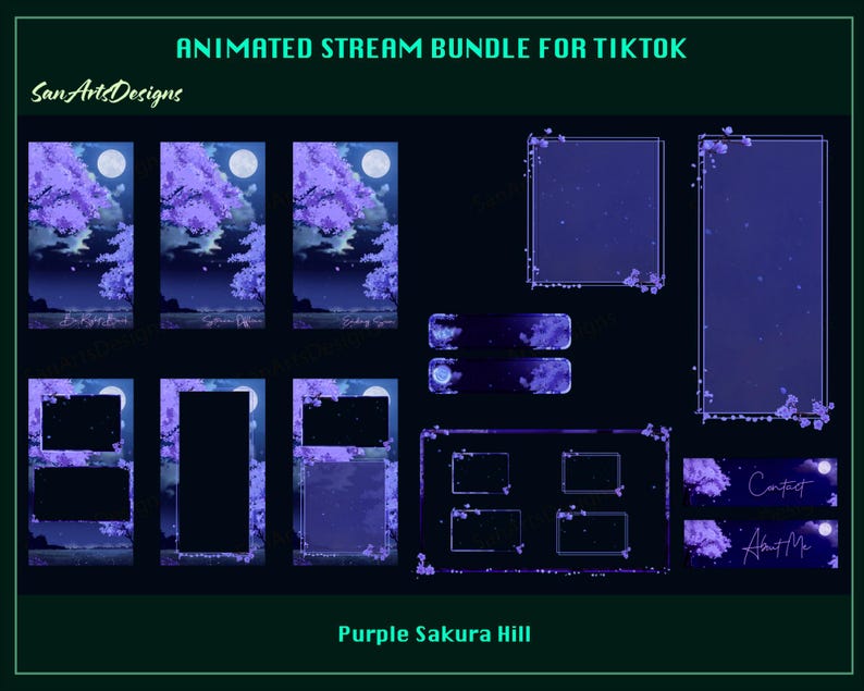 Animated TIKTOK Stream Overlay Bundle Lavender Sakura Hill, Animated TIKTOK Overlays Purple Sakura Night, Sakura Tiktok Screen for Streamers
