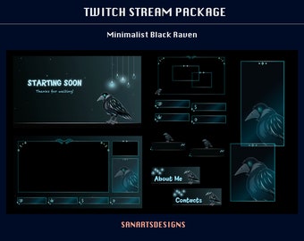 Animated Stream Package Black Raven, Animated Twitch Overlay Package Minimalist Black Raven for Streamers, OBS, Streamlabs, StreamElements