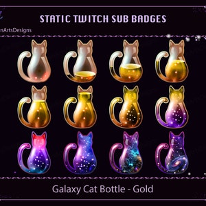 Gold Galaxy Magic Cat Bottle Twitch Sub Badges, Yellow Cat Bottle Twitch Sub Badges, Kawaii Sub Badges for Streamers, YouTubers, Discord